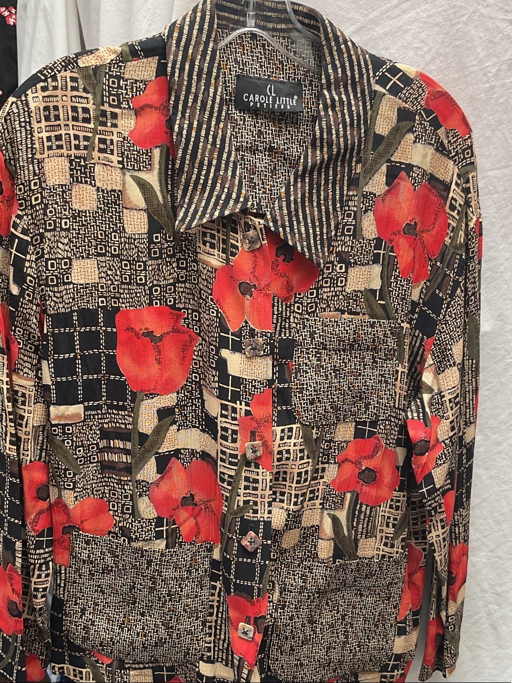 Carole Little Black Button-Down Shirt with Red Floral Print